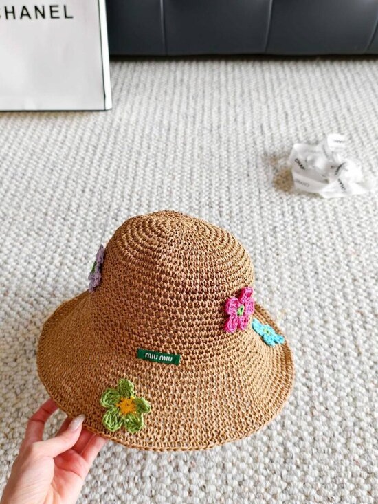 Miu Miu Handmade Crochet Straw Bucket Hat Colorful Floral  display picture 1